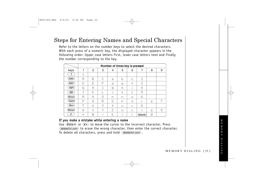 Uniden EXT1365 owner manual Steps for Entering Names and Special Characters 