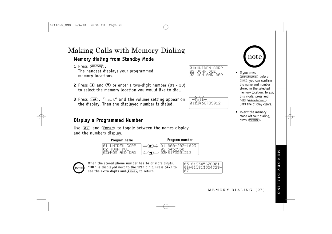 Uniden EXT1365 owner manual Making Calls with Memory Dialing, Memory dialing from Standby Mode, Display a Programmed Number 