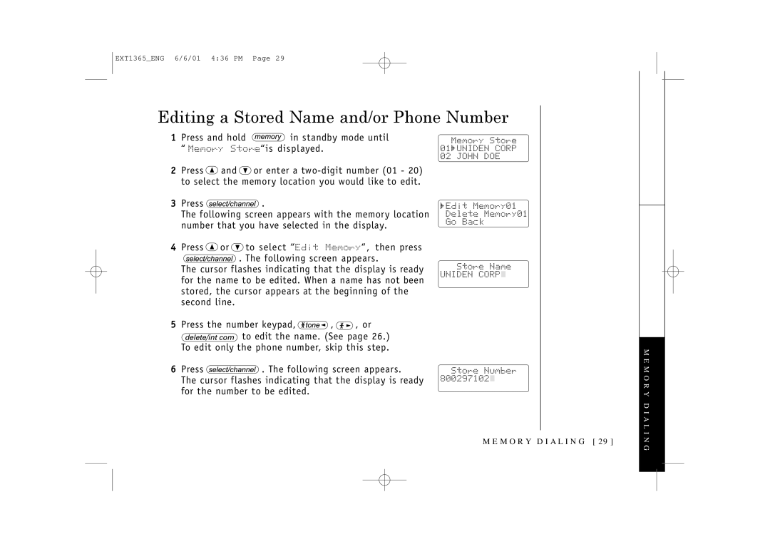 Uniden EXT1365 owner manual Editing a Stored Name and/or Phone Number 