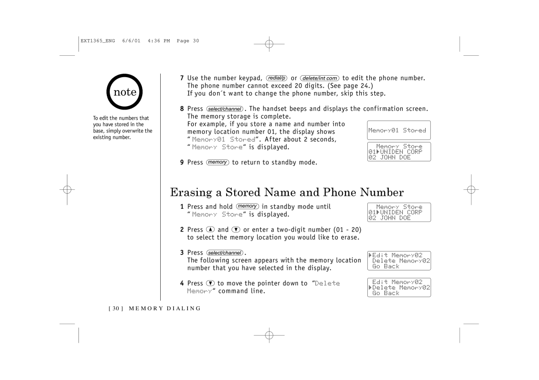 Uniden EXT1365 owner manual Erasing a Stored Name and Phone Number 