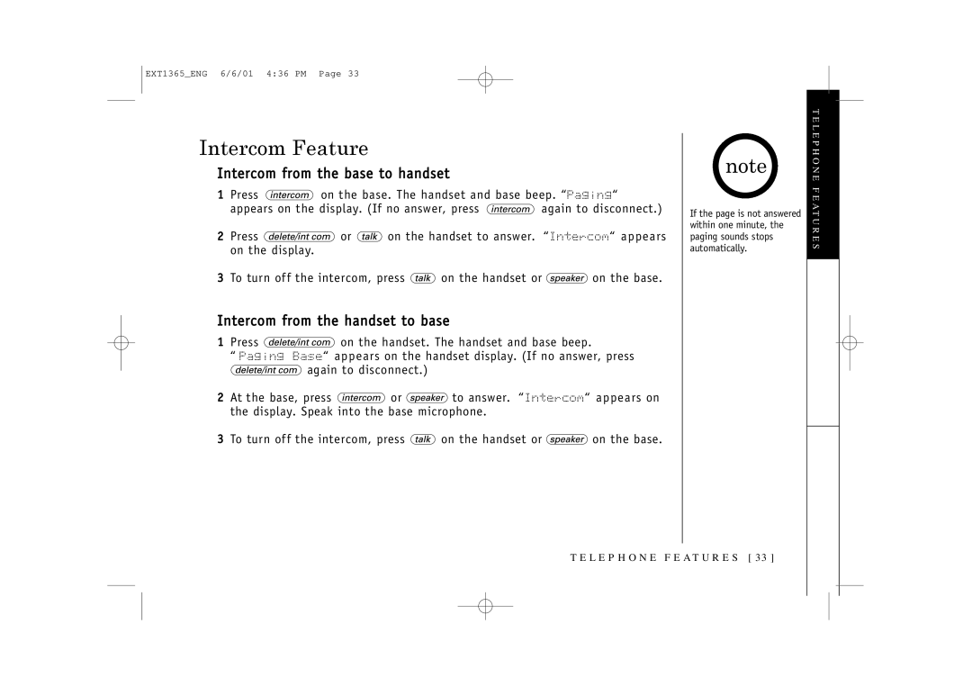 Uniden EXT1365 owner manual Intercom Feature, Intercom from the base to handset, Intercom from the handset to base 