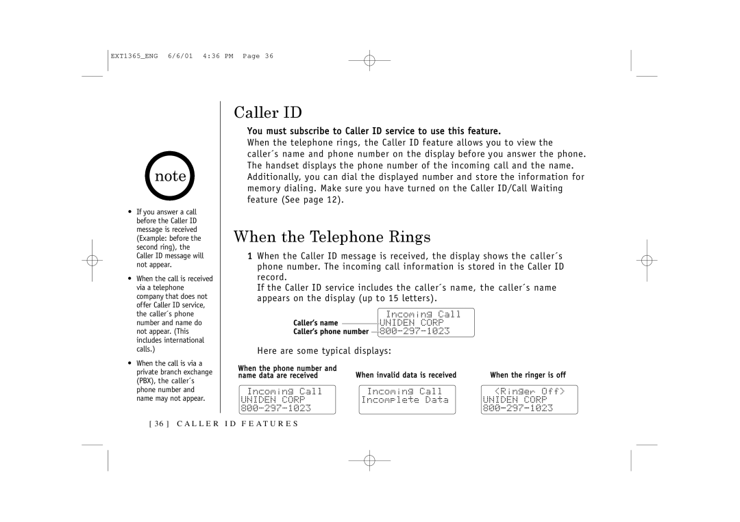 Uniden EXT1365 owner manual Caller ID, When the Telephone Rings 