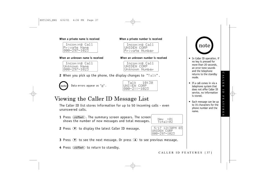 Uniden EXT1365 owner manual Viewing the Caller ID Message List, L L E R I D F E At U R E S 