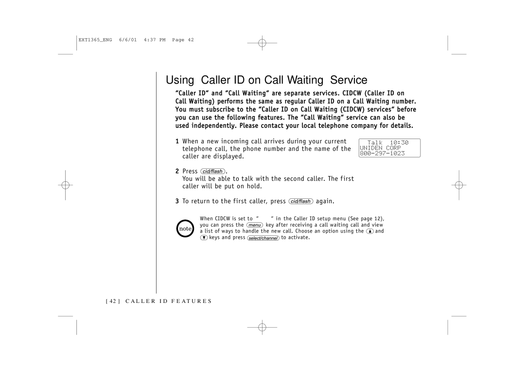 Uniden EXT1365 owner manual Using Caller ID on Call Waiting Service 