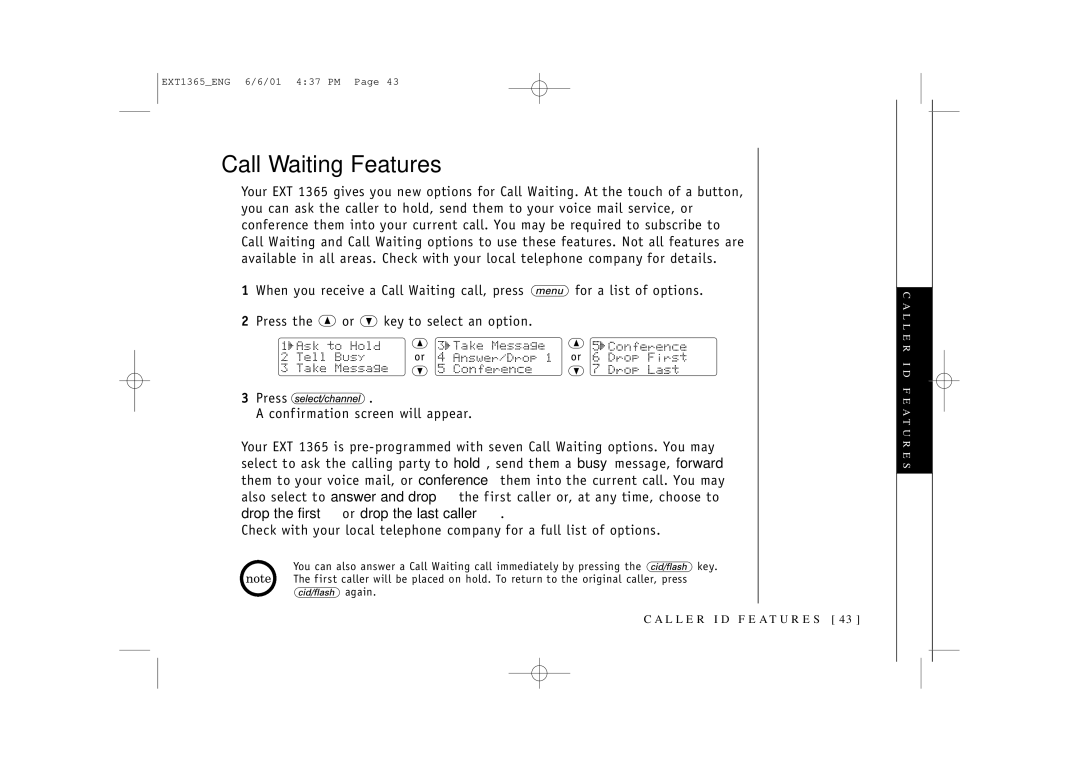 Uniden EXT1365 owner manual Call Waiting Features 