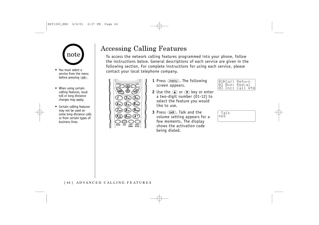 Uniden EXT1365 owner manual Accessing Calling Features, Before pressing 