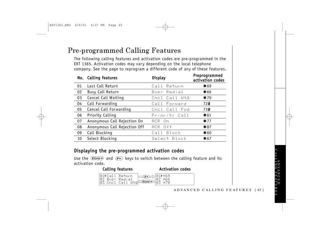 Uniden EXT1365 owner manual Pre-programmed Calling Features, Displaying the pre-programmed activation codes 