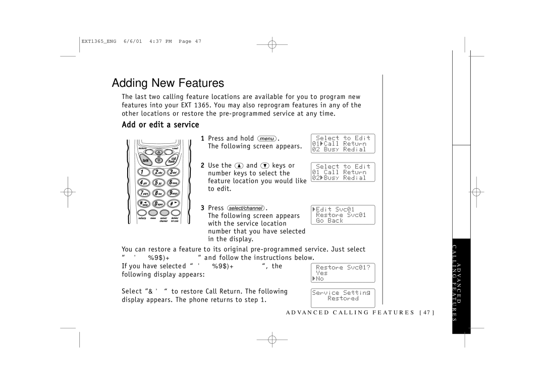 Uniden EXT1365 owner manual Adding New Features, Add or edit a service 