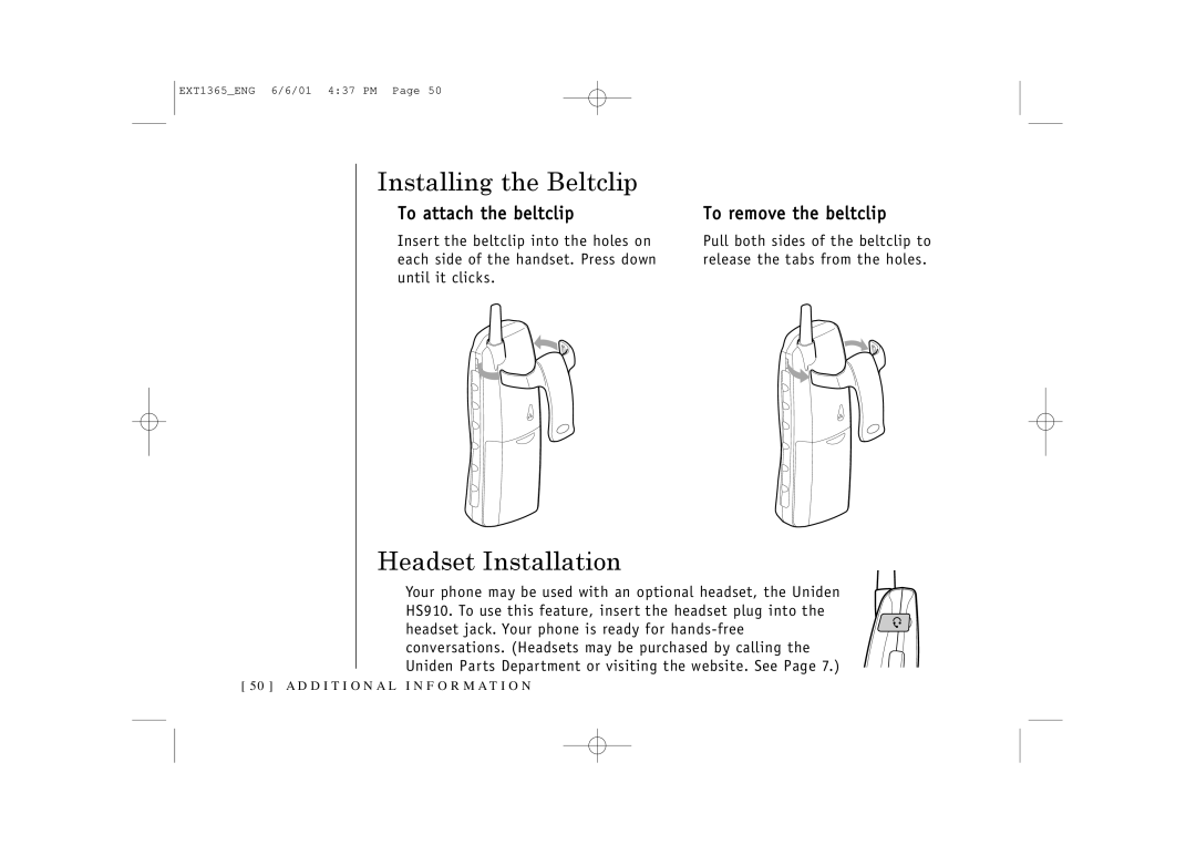 Uniden EXT1365 owner manual Installing the Beltclip, Headset Installation, To attach the beltclip To remove the beltclip 