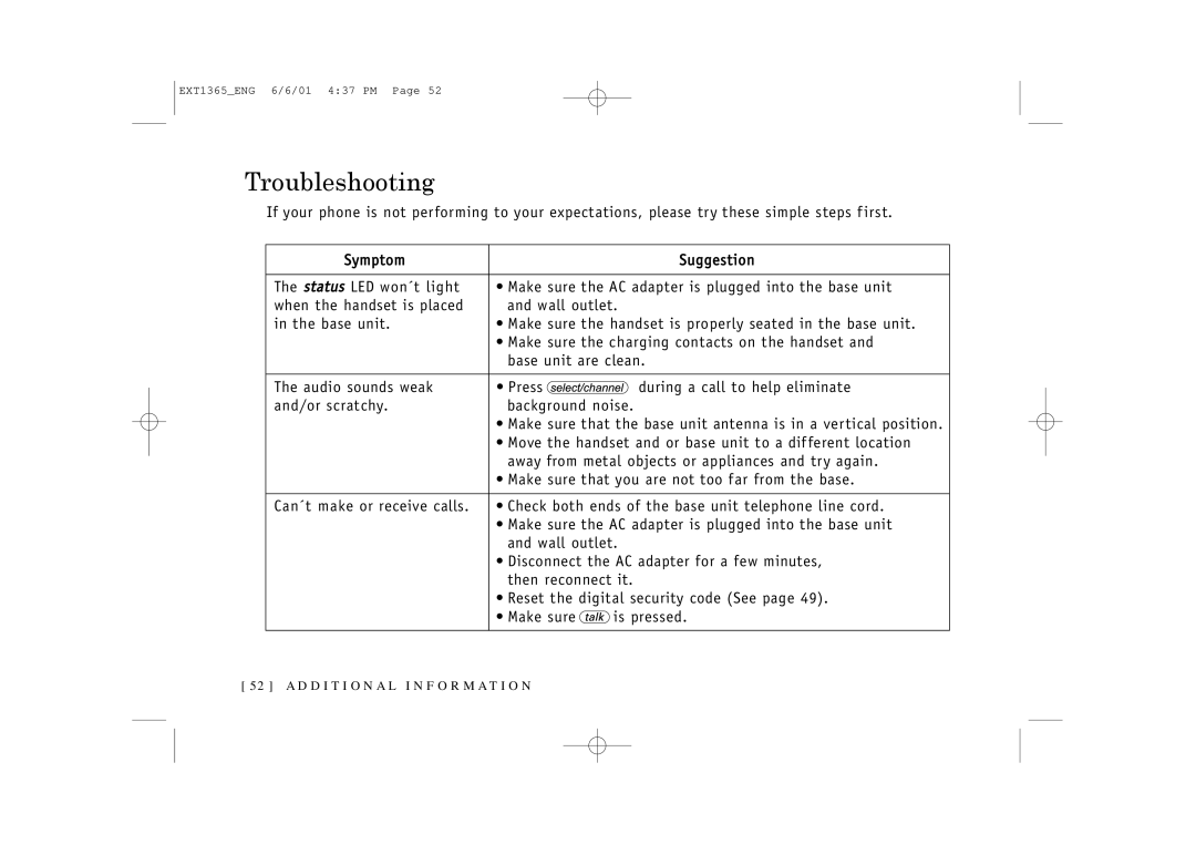 Uniden EXT1365 owner manual Troubleshooting 