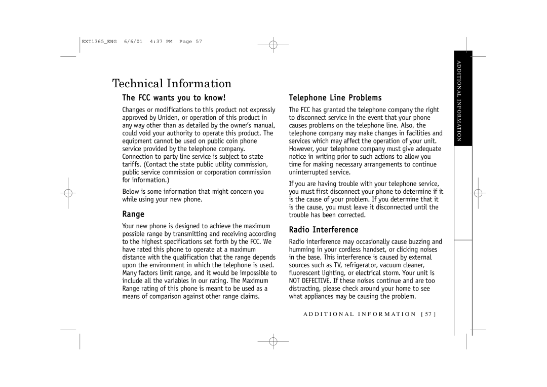 Uniden EXT1365 Technical Information, FCC wants you to know, Range, Telephone Line Problems, Radio Interference 