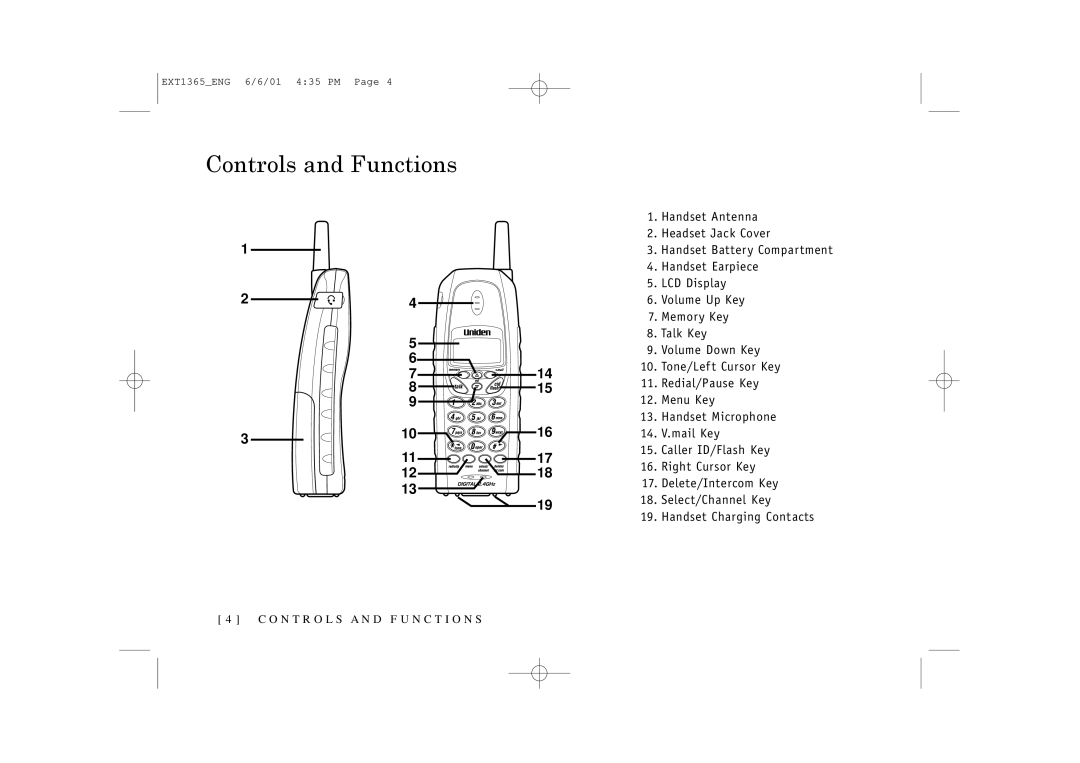 Uniden EXT1365 owner manual Controls and Functions 