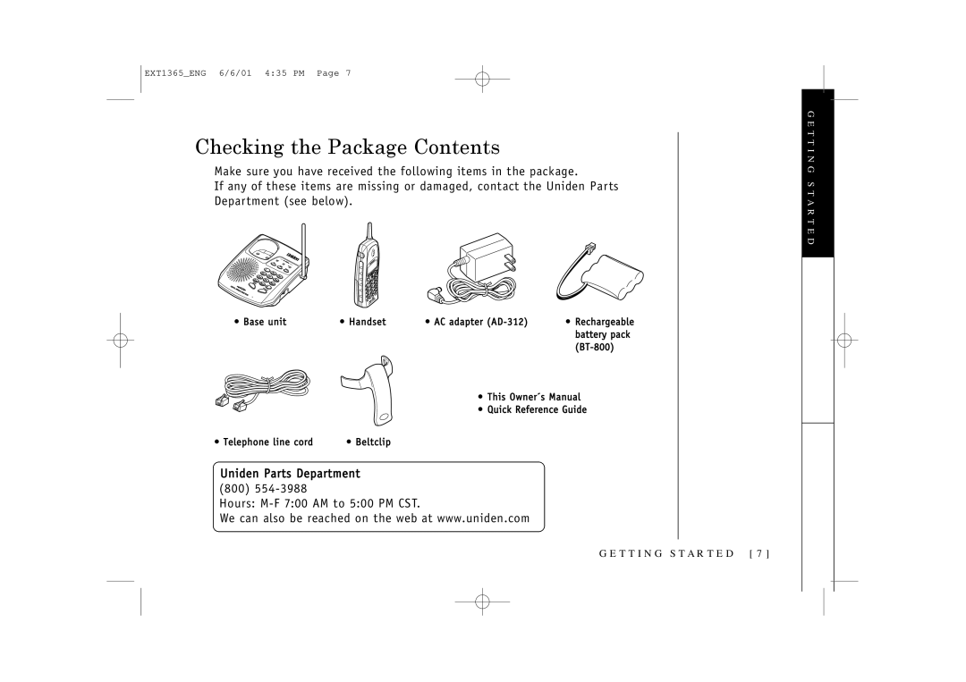 Uniden EXT1365 owner manual Checking the Package Contents 