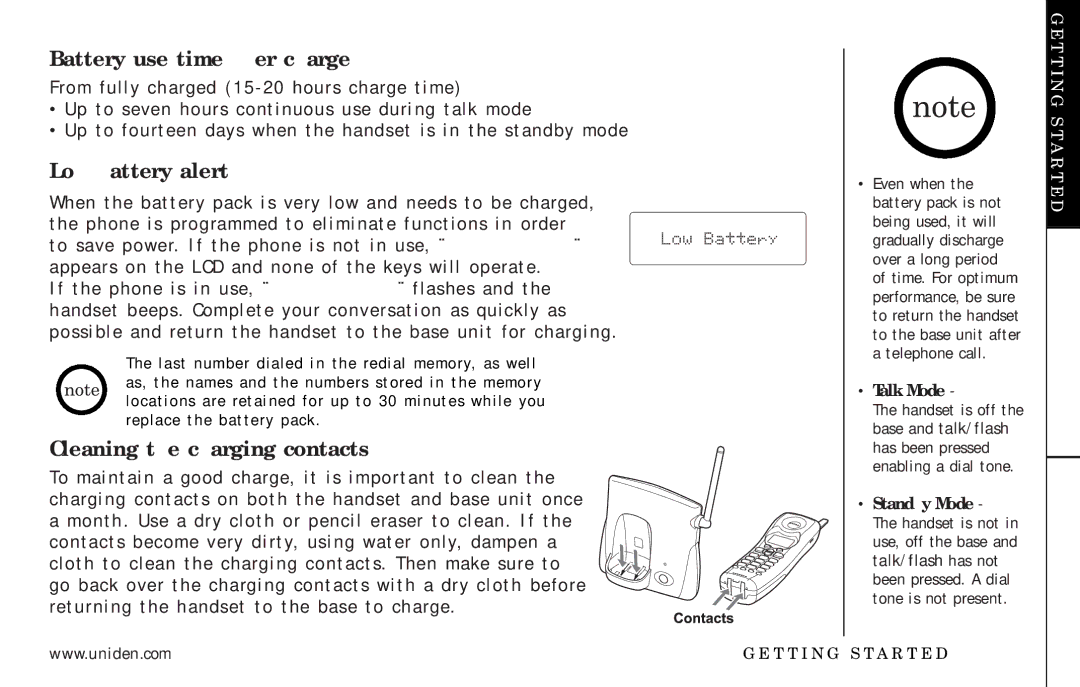 Uniden EXT3165 manual Battery use time per charge, Low battery alert, Cleaning the charging contacts 