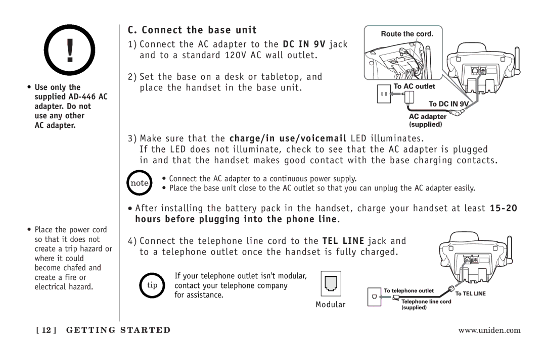 Uniden EXT3165 manual Connect the base unit, AC adapter 