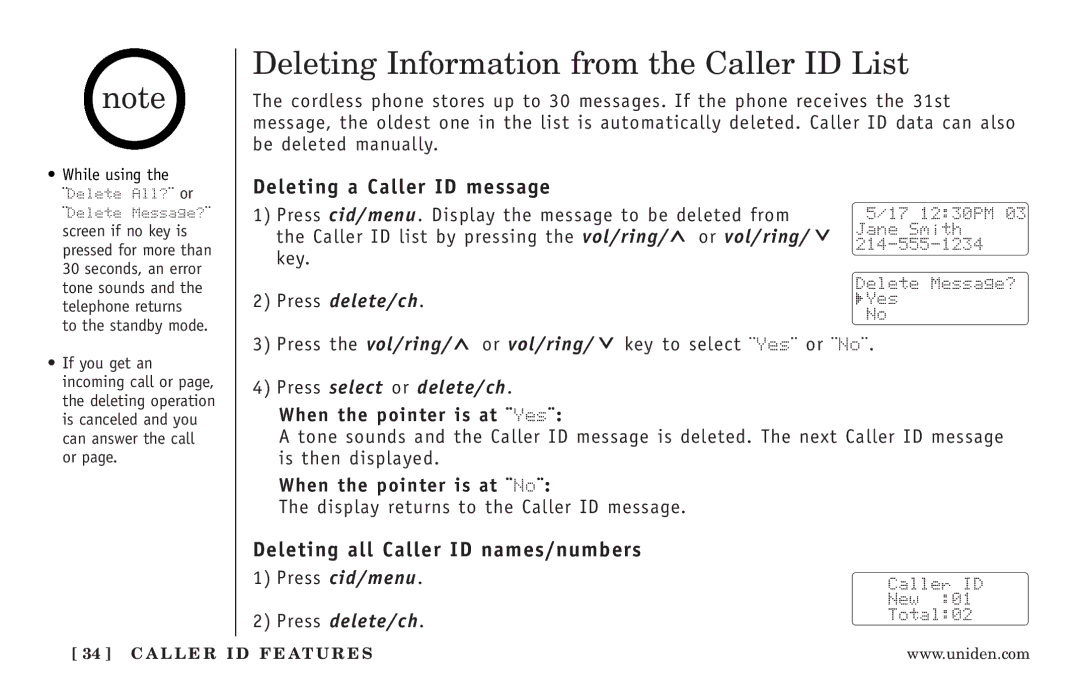 Uniden EXT3165 Deleting Information from the Caller ID List, Deleting a Caller ID message, When the pointer is at ¨Yes¨ 