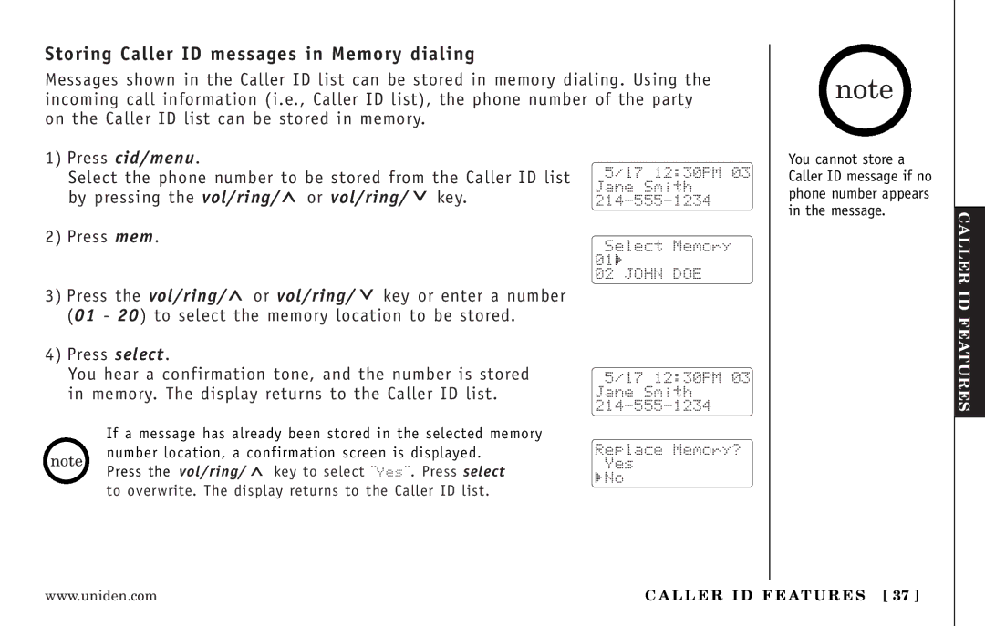 Uniden EXT3165 manual Storing Caller ID messages in Memory dialing, Features 