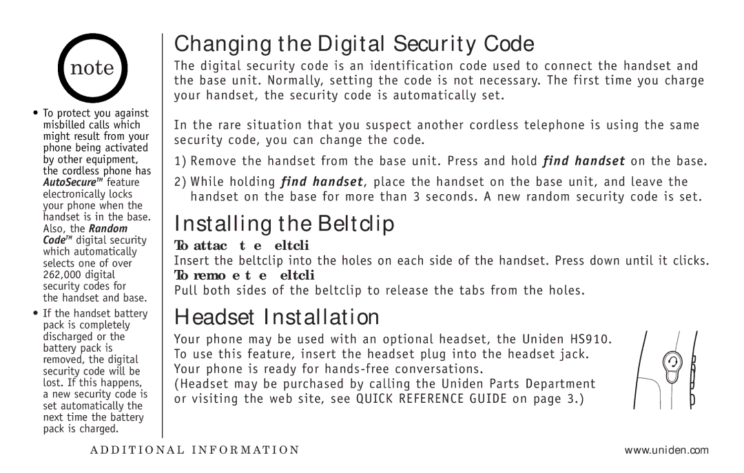 Uniden EXT3165 Changing the Digital Security Code, Installing the Beltclip, Headset Installation, To attach the beltclip 