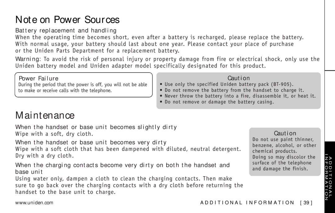 Uniden EXT3165 manual Maintenance, Battery replacement and handling, Power Failure 