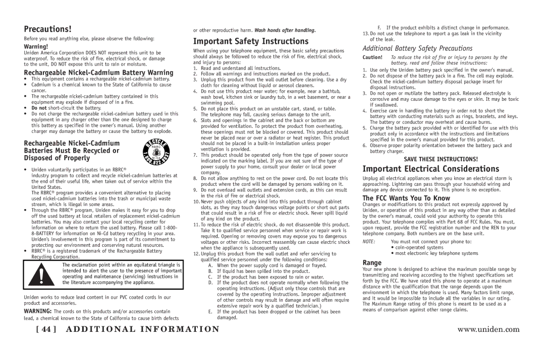 Uniden EXT3165 manual Precautions 