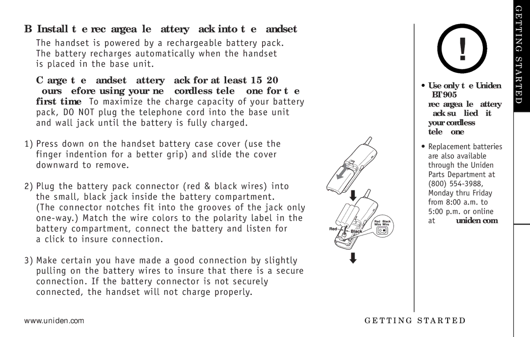 Uniden EXT3165 manual Install the rechargeable battery pack into the handset 