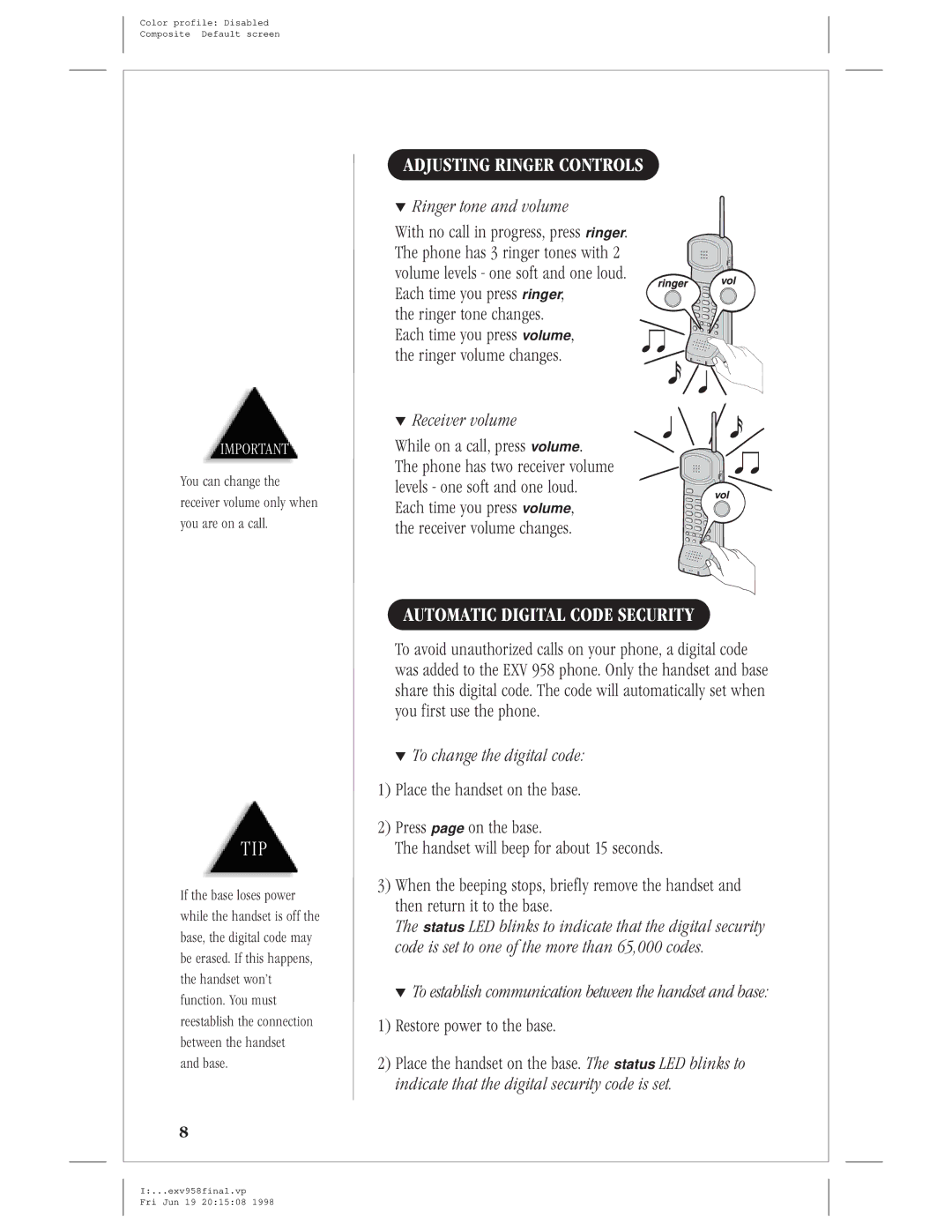 Uniden EXV 958 manual Adjusting Ringer Controls, Automatic Digital Code Security, Ringer tone and volume, Receiver volume 