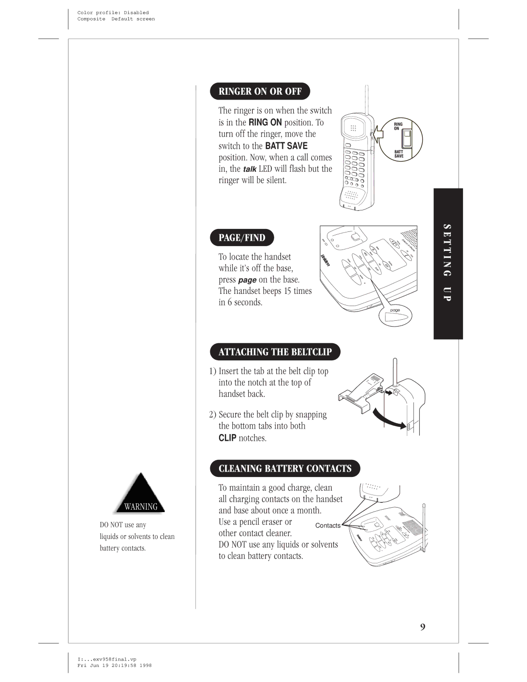 Uniden EXV 958 manual Ringer on or OFF, Page/Find, Attaching the Beltclip, Cleaning Battery Contacts 