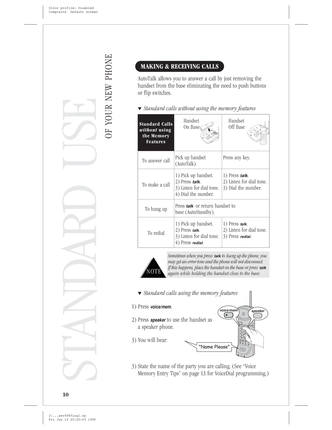 Uniden EXV 958 manual Making & Receiving Calls, Standard calls without using the memory features 