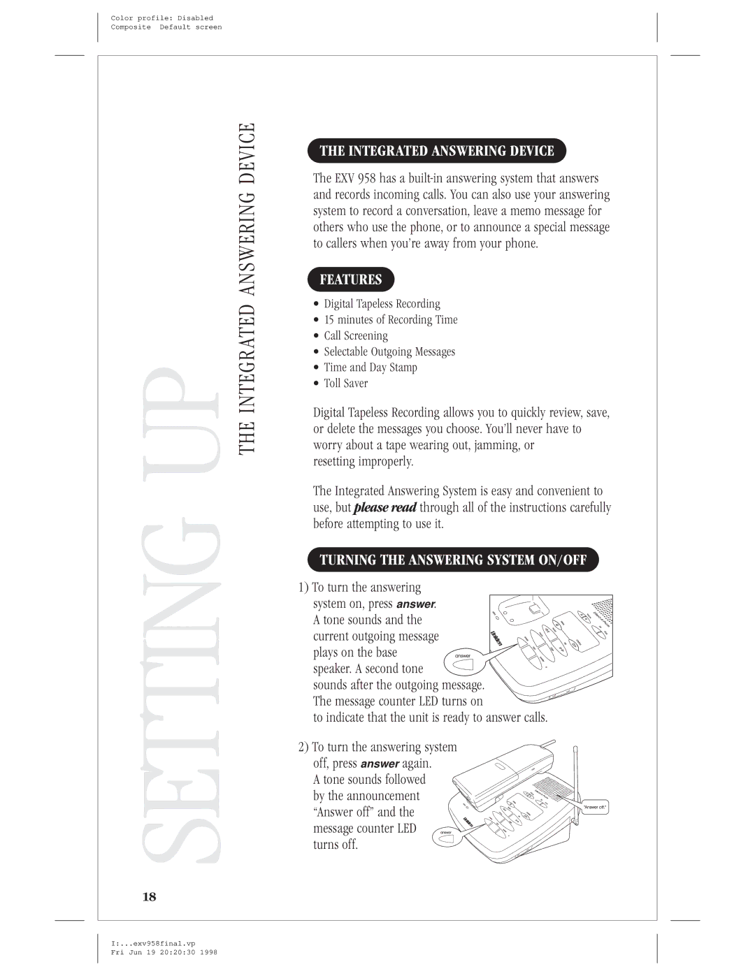 Uniden EXV 958 manual Integrated Answering Device, Features, Turning the Answering System ON/OFF 