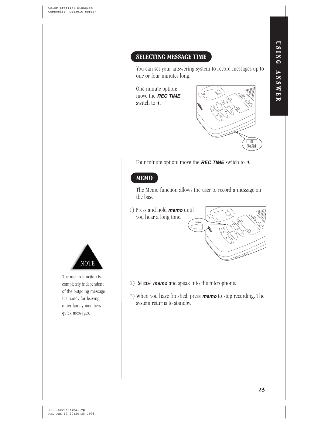 Uniden EXV 958 manual Selecting Message Time, Memo 