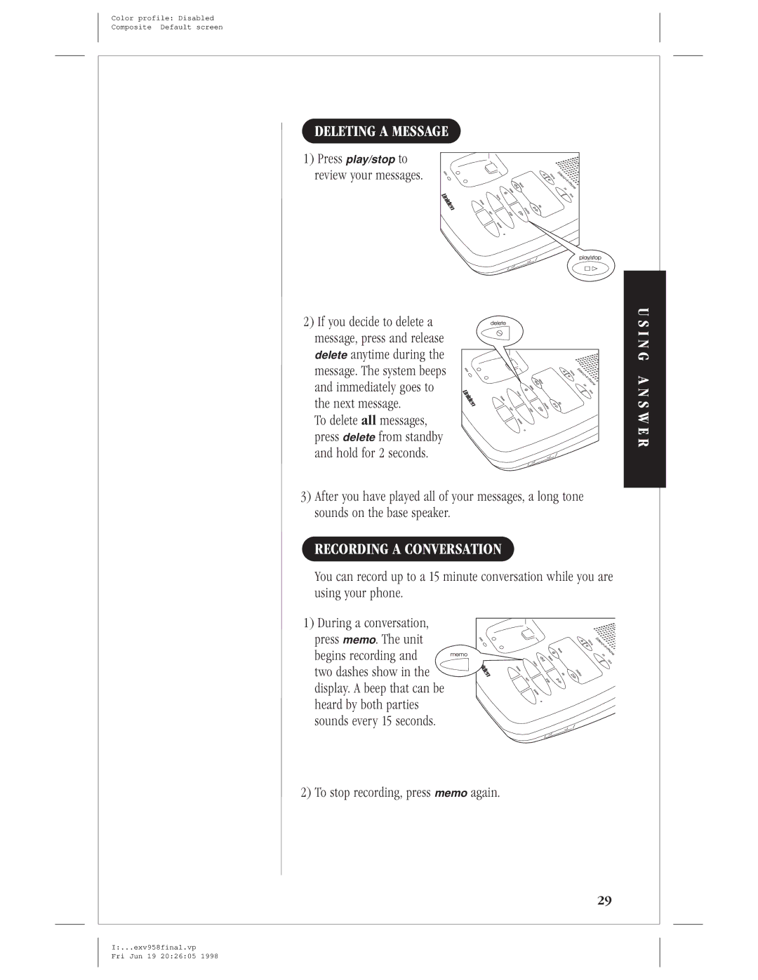 Uniden EXV 958 Deleting a Message, Recording a Conversation, Review your messages, To stop recording, press memo again 