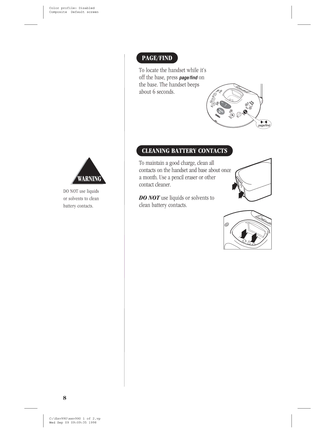 Uniden EXV 990 manual Page/Find, Cleaning Battery Contacts 