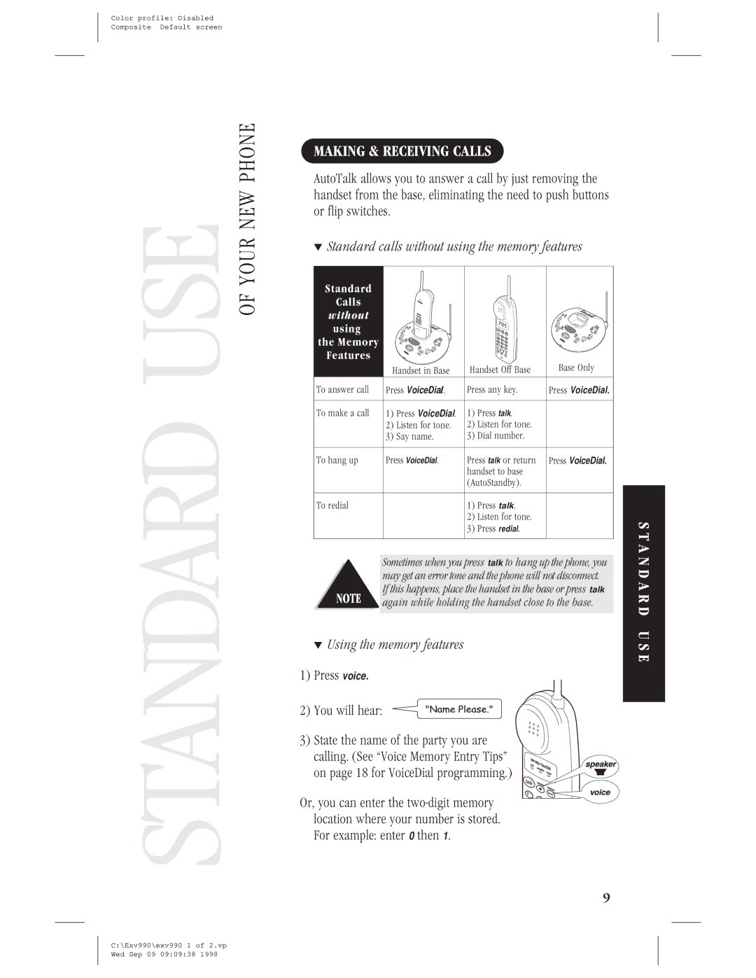 Uniden EXV 990 manual Making & Receiving Calls, A N D a R D U S E, Standard calls without using the memory features 