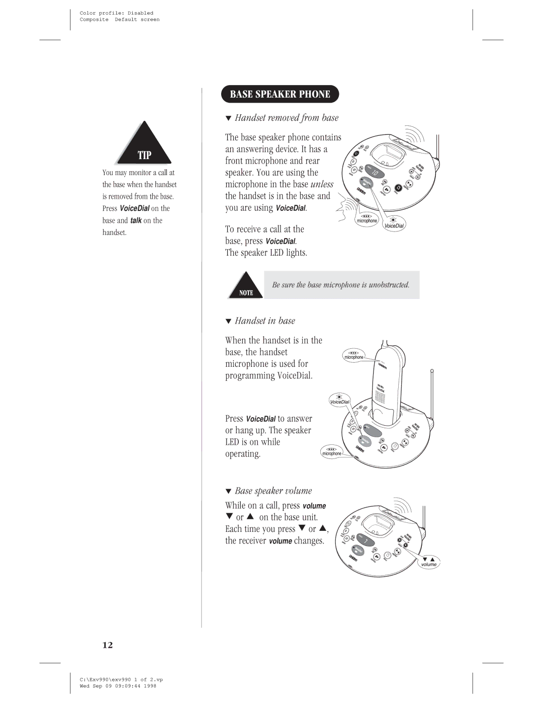 Uniden EXV 990 manual Base Speaker Phone, Handset removed from base, Handset in base, Base speaker volume 