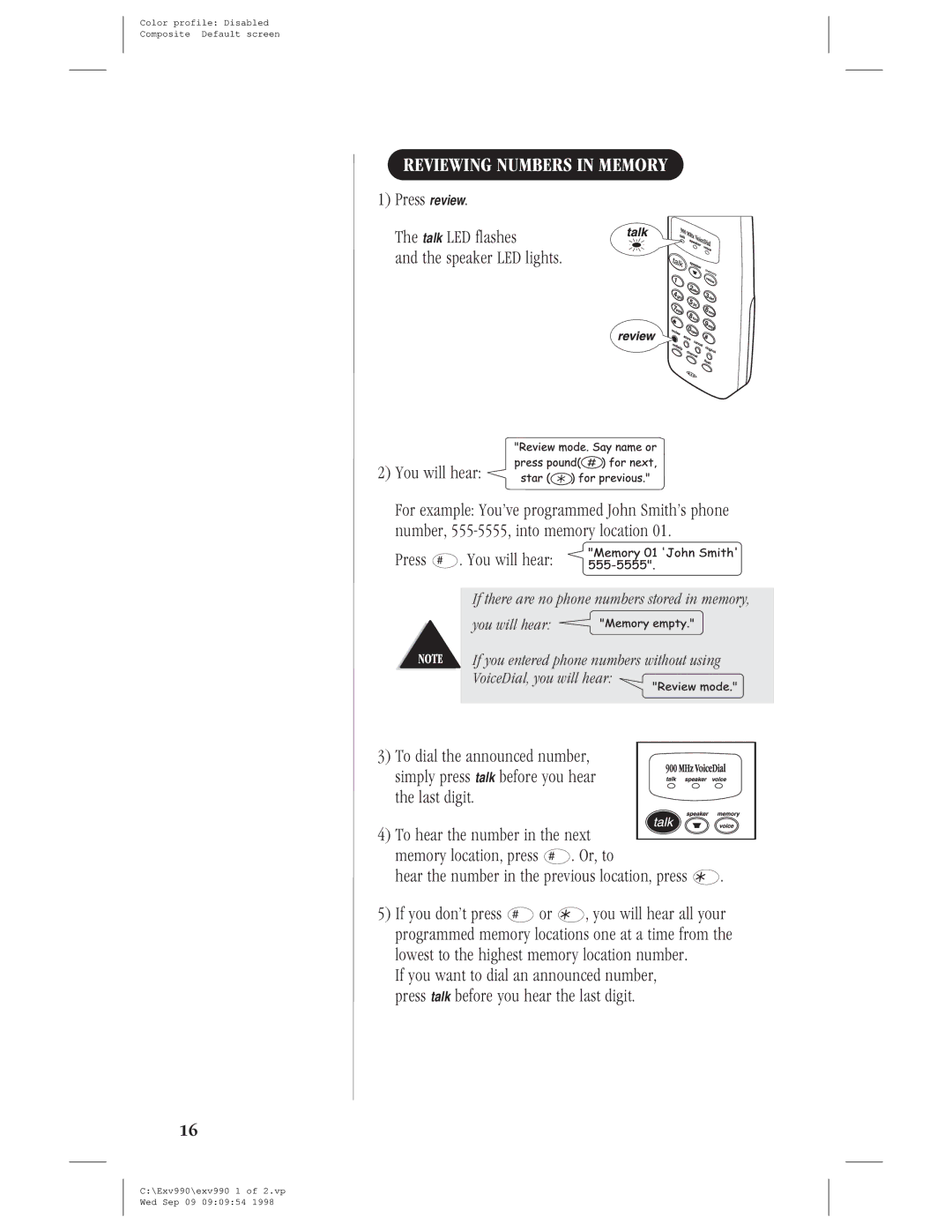 Uniden EXV 990 manual Reviewing Numbers in Memory, Press . You will hear 