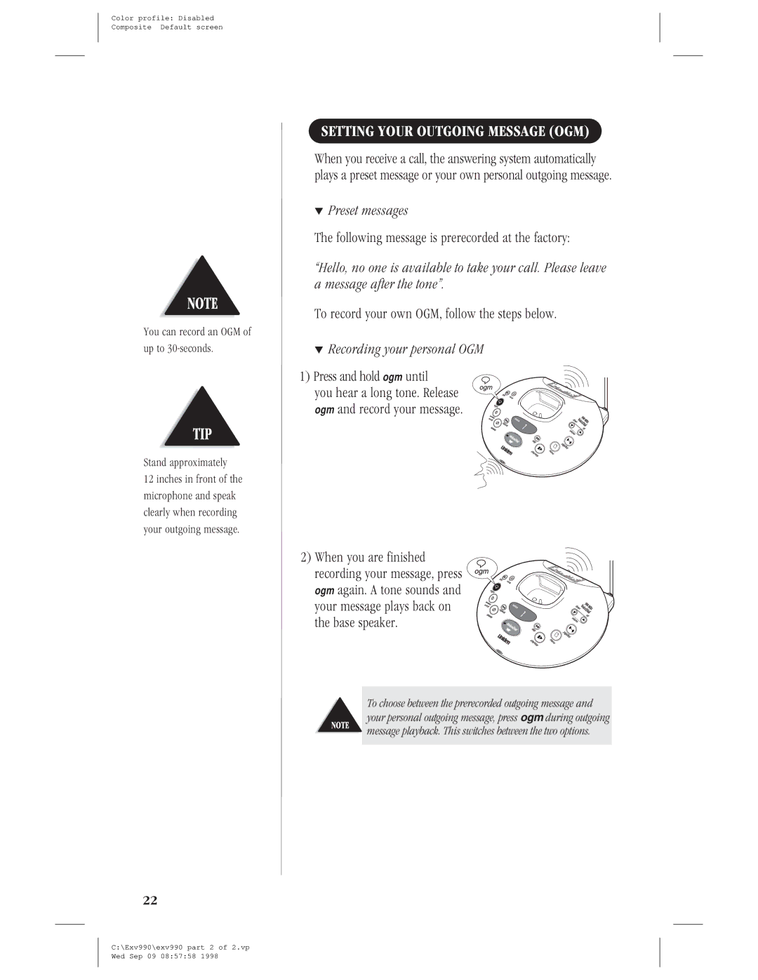 Uniden EXV 990 manual Setting Your Outgoing Message OGM, Preset messages, Recording your personal OGM 