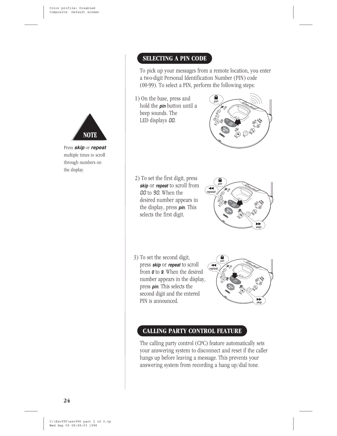 Uniden EXV 990 manual Selecting a PIN Code, Calling Party Control Feature, LED displays 