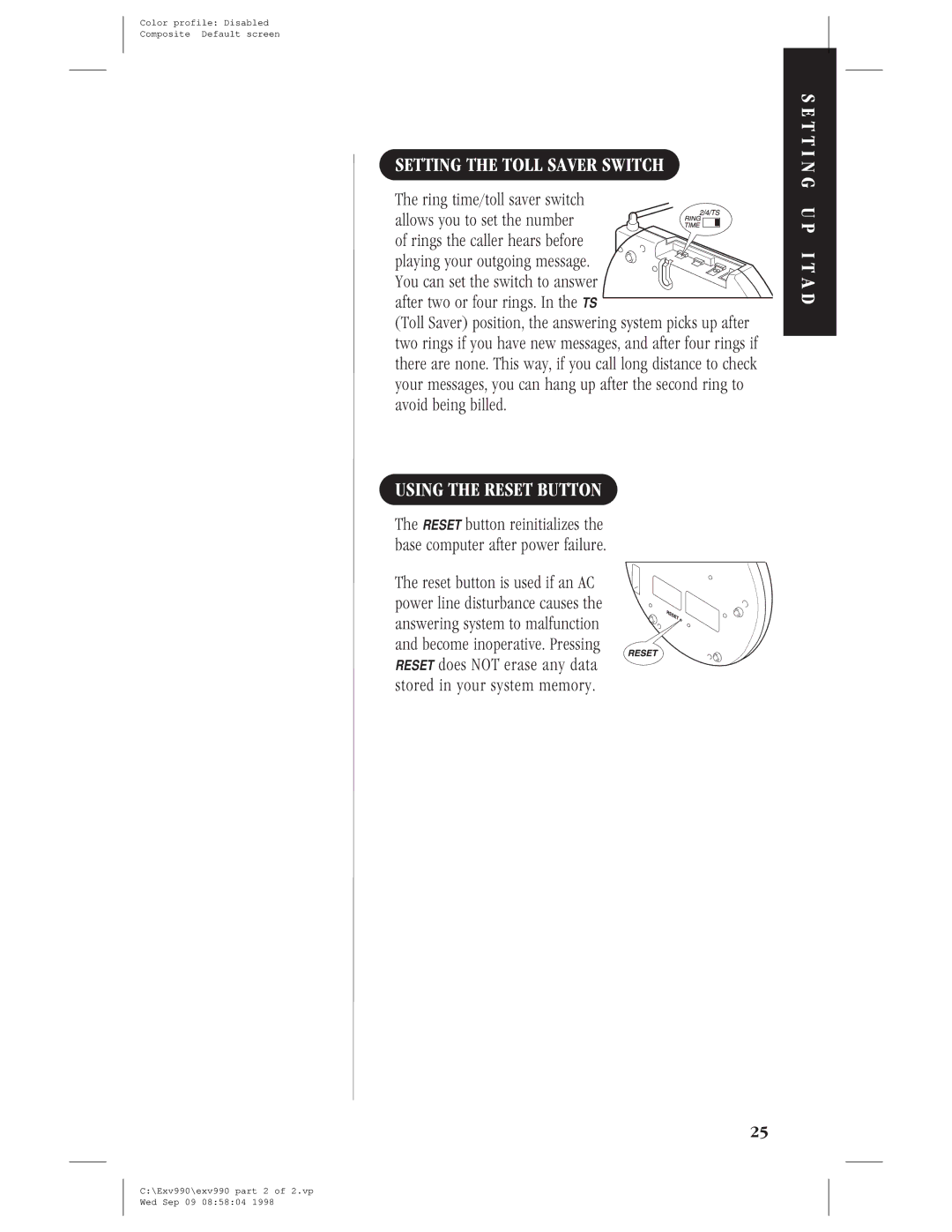 Uniden EXV 990 manual Setting the Toll Saver Switch, Using the Reset Button, Ring time/toll saver switch 