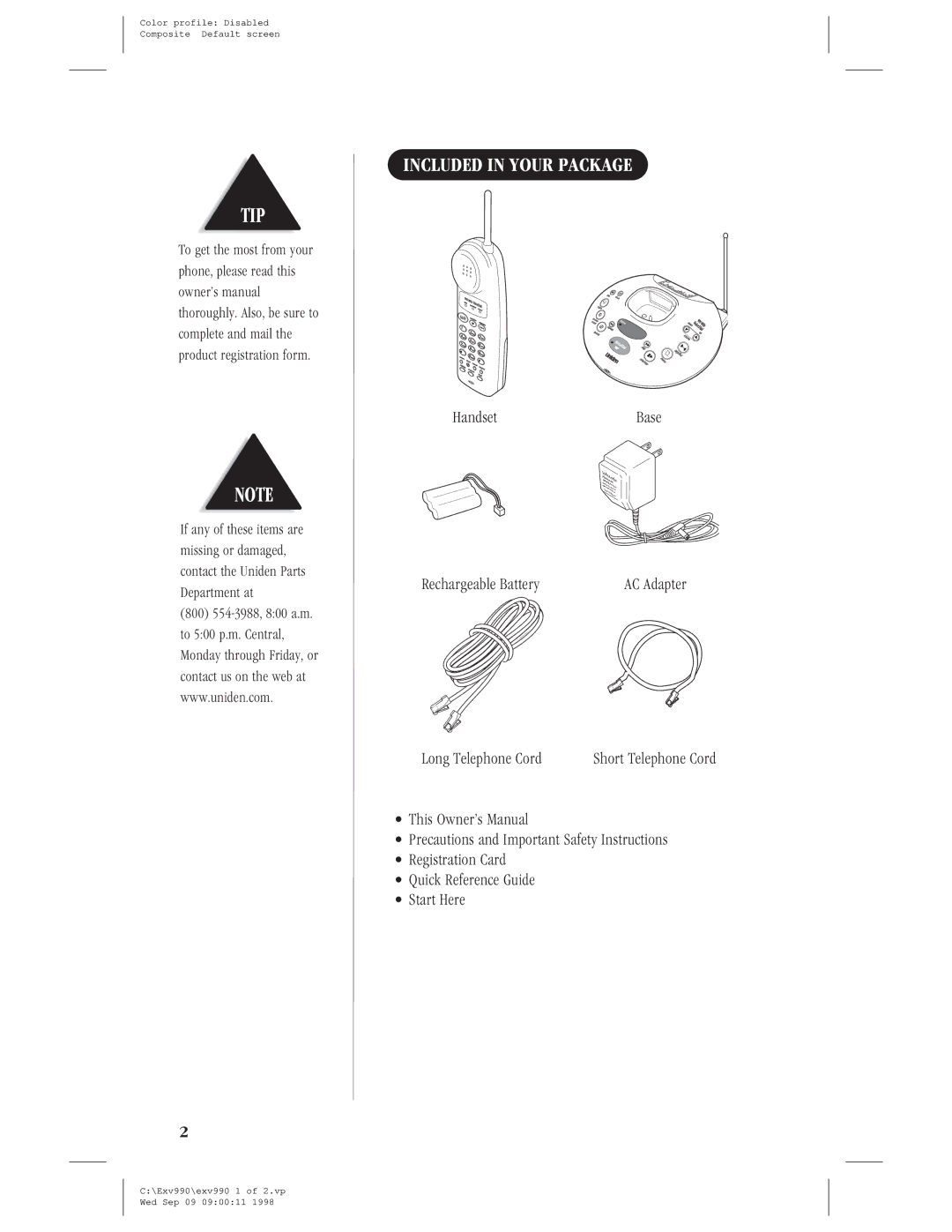 Uniden EXV 990 manual Tip, Included in Your Package 