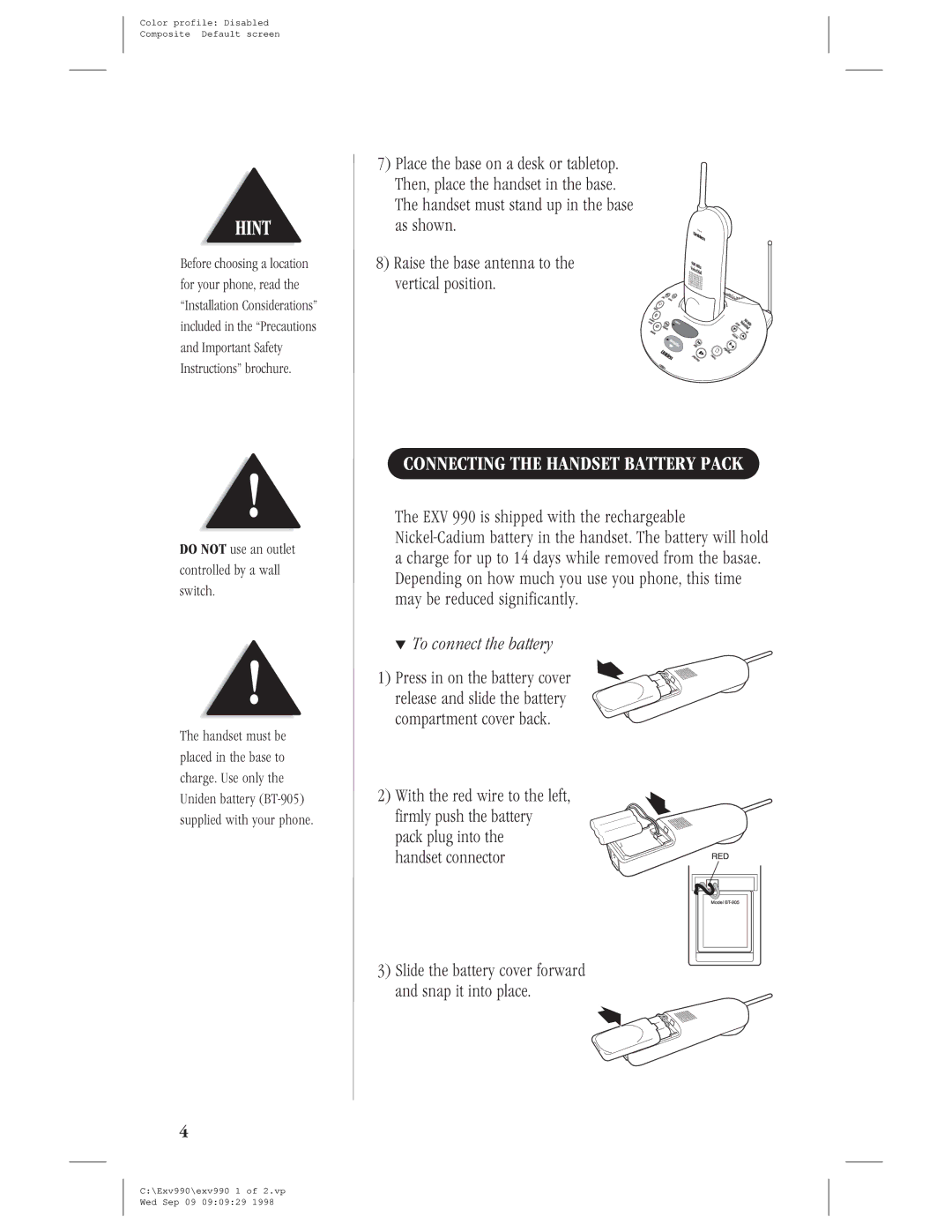 Uniden EXV 990 manual Connecting the Handset Battery Pack, Raise the base antenna to the vertical position 