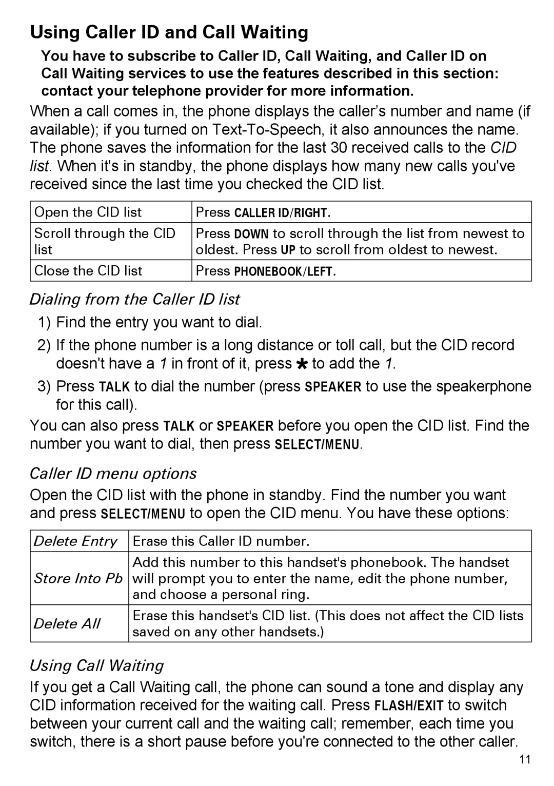 Uniden EZAI2997 Series, EZX290 Using Caller ID and Call Waiting, Dialing from the Caller ID list, Caller ID menu options 