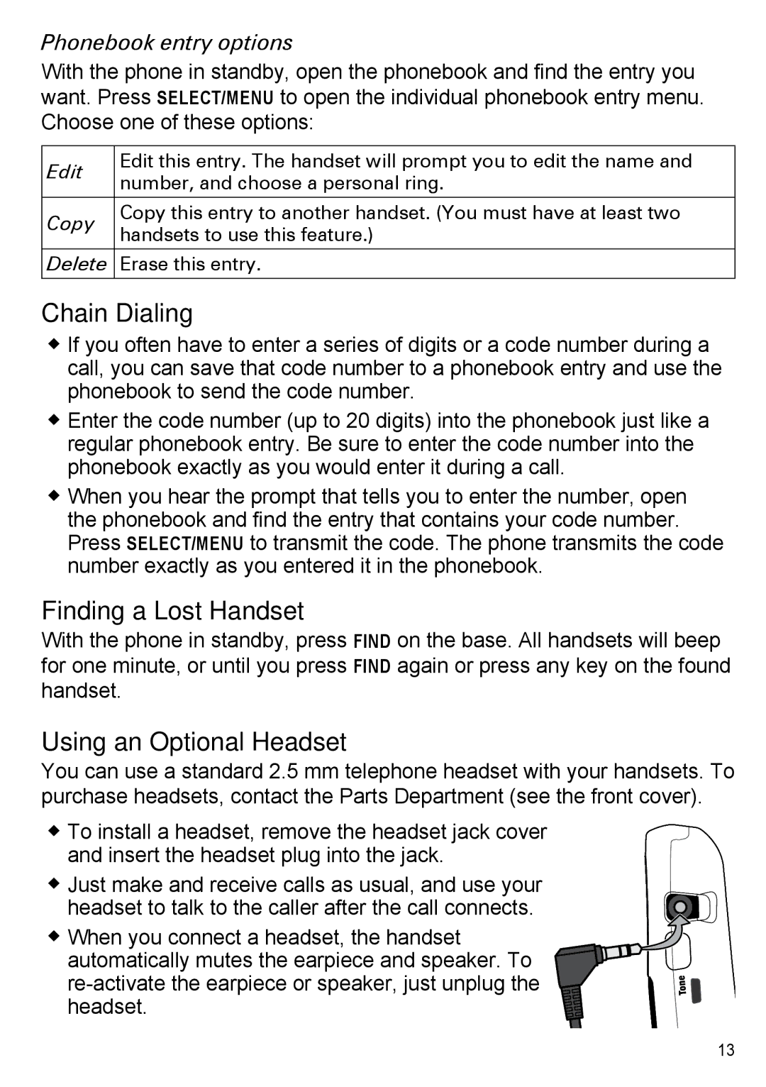 Uniden EZAI2997 Series, EZX290 Chain Dialing, Finding a Lost Handset, Using an Optional Headset, Phonebook entry options 