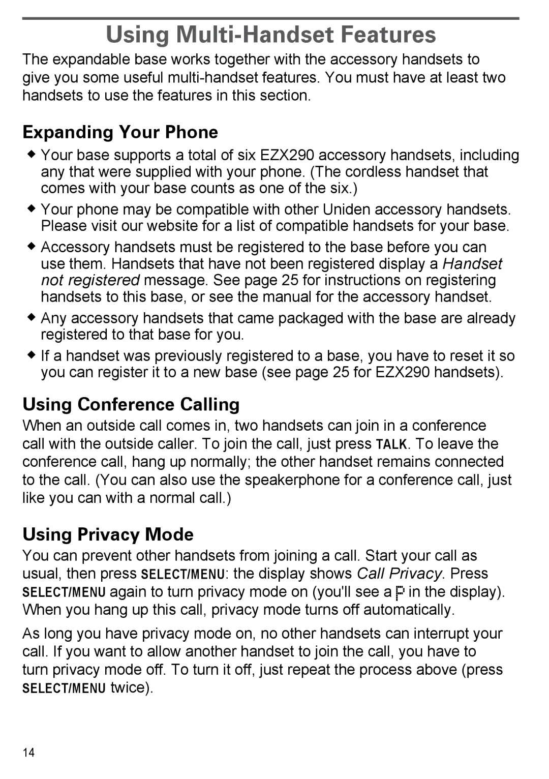 Uniden EZX290 manual Using Multi-Handset Features, Expanding Your Phone, Using Conference Calling, Using Privacy Mode 