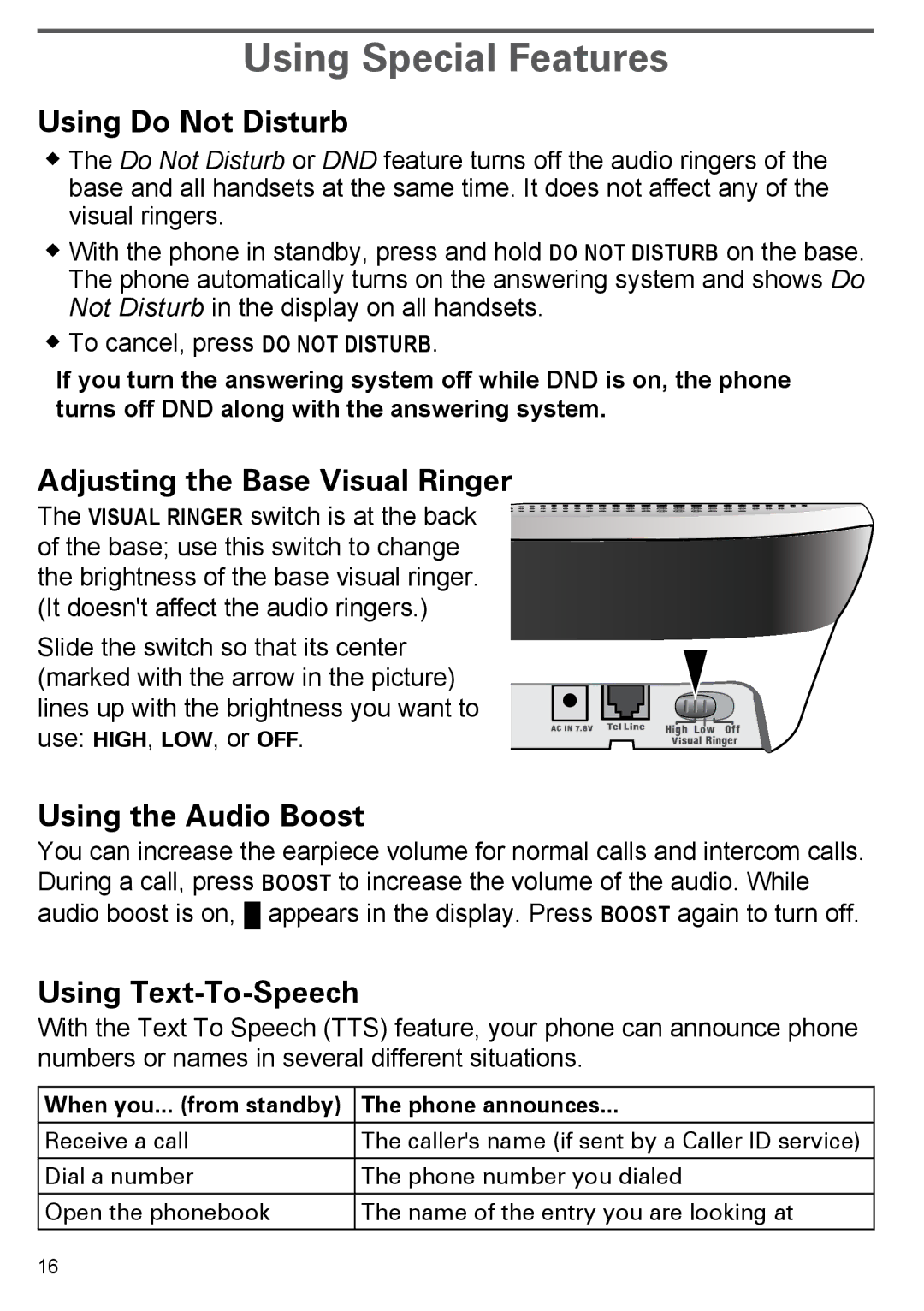 Uniden EZX290 manual Using Special Features, Using Do Not Disturb, Adjusting the Base Visual Ringer, Using the Audio Boost 