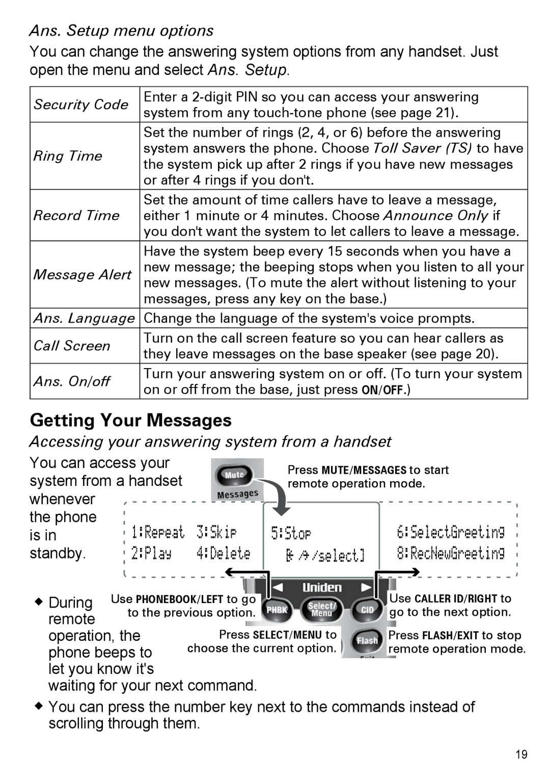 Uniden EZAI2997 Series Getting Your Messages, Ans. Setup menu options, Accessing your answering system from a handset 