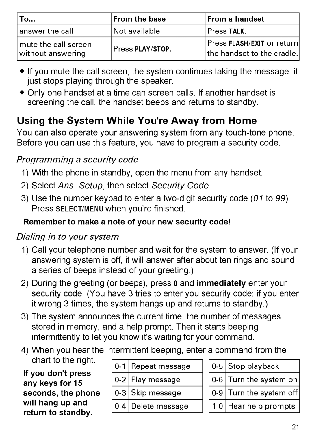 Uniden EZAI2997 Series Using the System While Youre Away from Home, Programming a security code, Dialing in to your system 