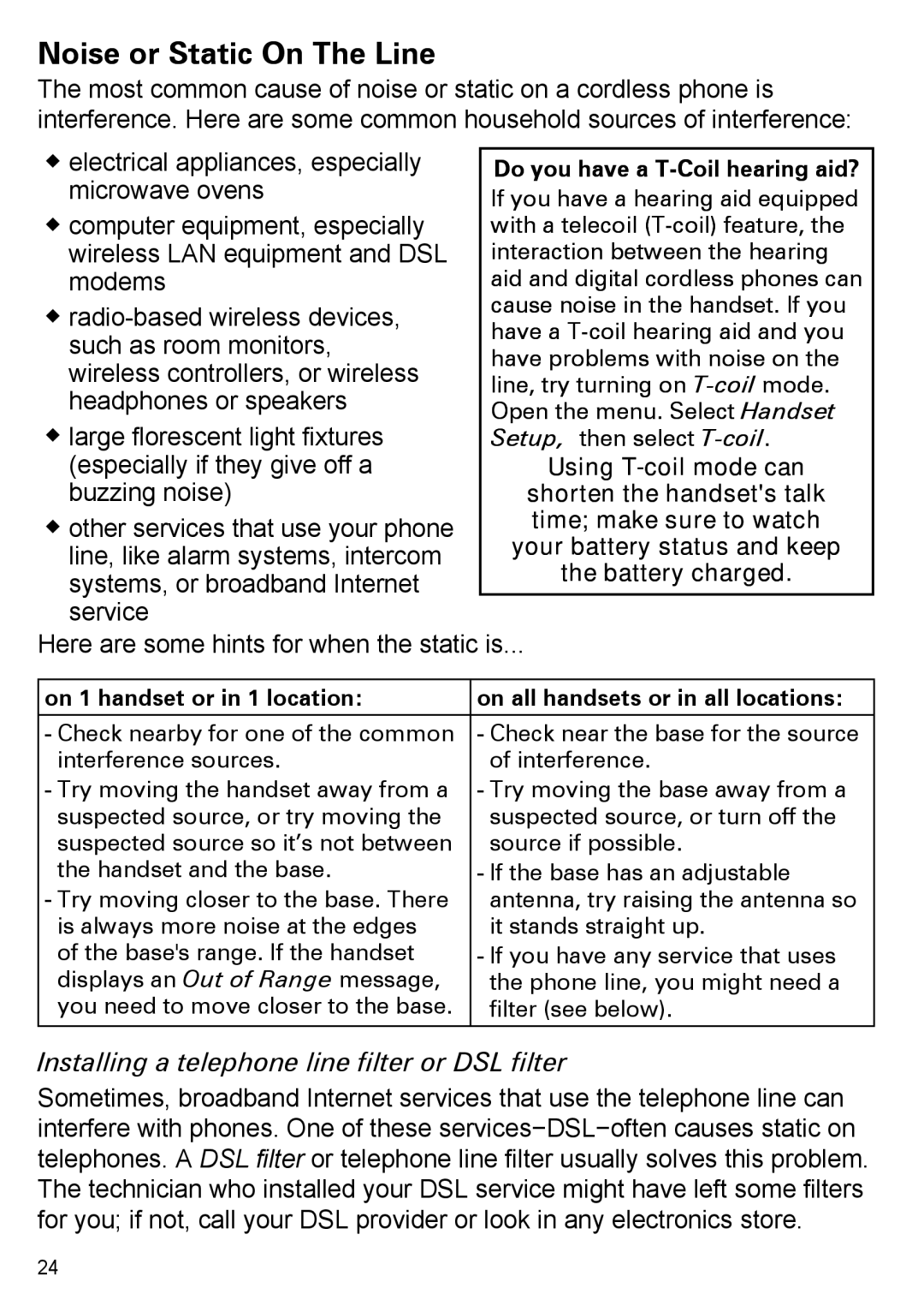 Uniden EZX290, EZAI2997 Series manual Noise or Static onO The Line, Installing a telephone line filter or DSL filter 