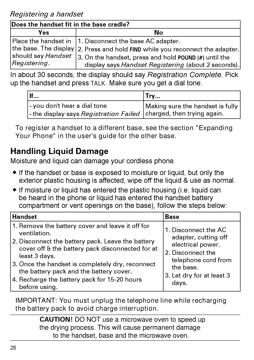 Uniden EZX290 Handling Liquid Damage, Registering a handset, Does the handset fit in the base cradle? Yes, Handset Base 