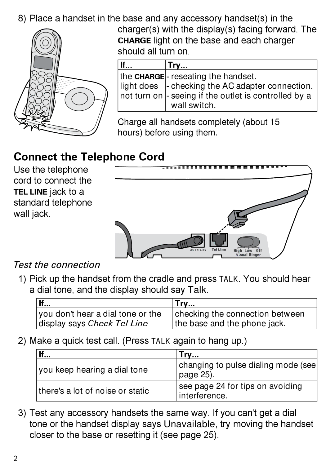 Uniden EZX290 Connect the Telephone Cord, Test the connection, Make a quick test call. Press Talk again to hang up, Try 