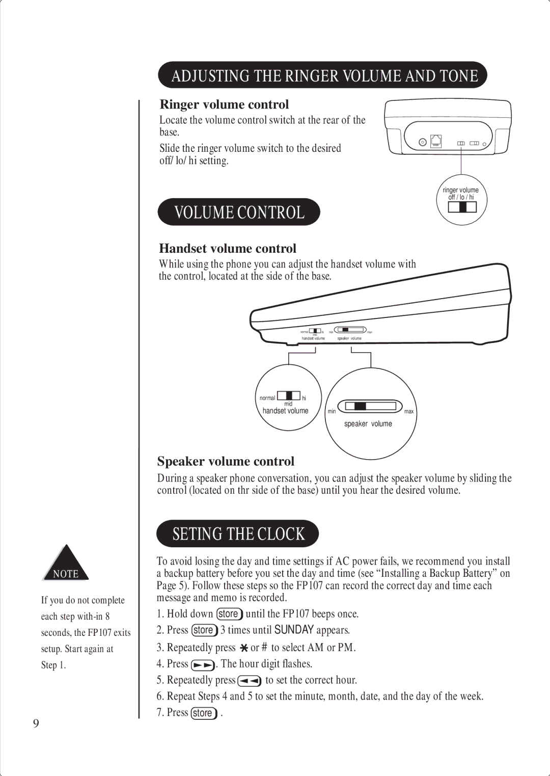 Uniden FP 107 manual Ringer volume control, Handset volume control, Speaker volume control 